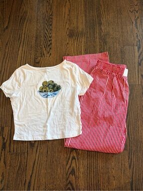 White Short-Sleeve Top & Red Striped Pajama Pants Set